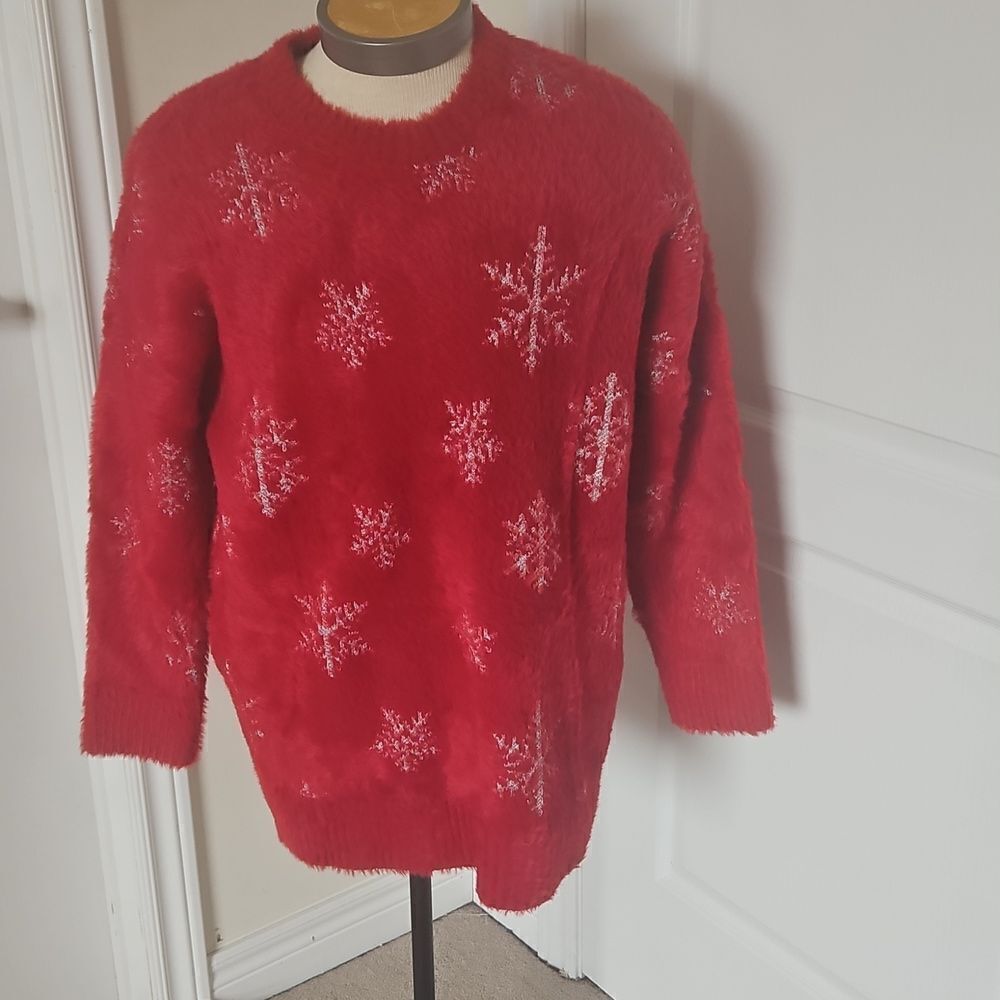 Torrid Eyelash Lurex Crew Pullover Sweater With Snowflake Red & Silver 1X 14-16